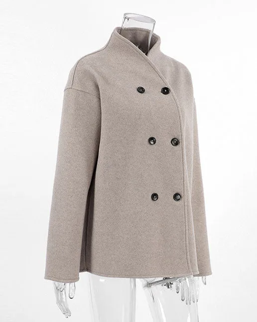 elveswallet Brown V-neck Double-breasted Short Wool Coat