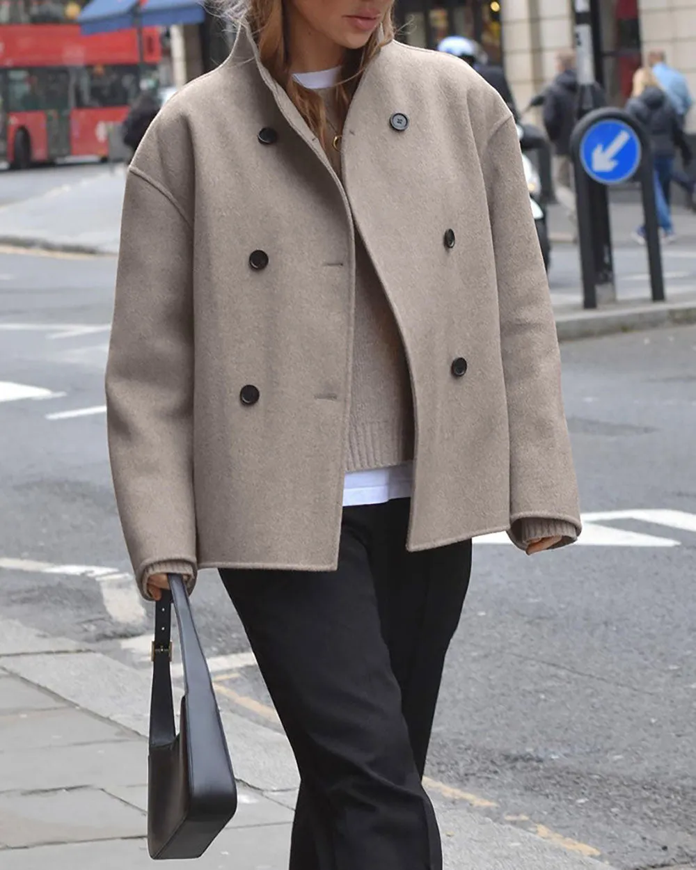 elveswallet Brown V-neck Double-breasted Short Wool Coat