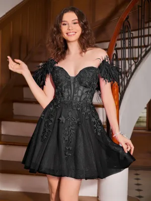 Feather Adorned Off-the-shoulder Cocktail Dress Black