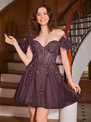 Feather Adorned Off-the-shoulder Cocktail Dress Cabernet