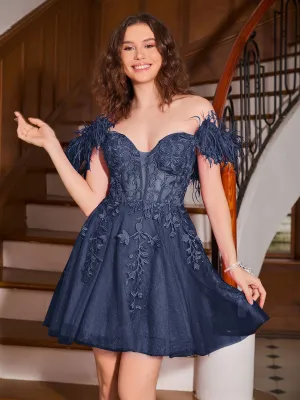 Feather Adorned Off-the-shoulder Cocktail Dress Dark Navy