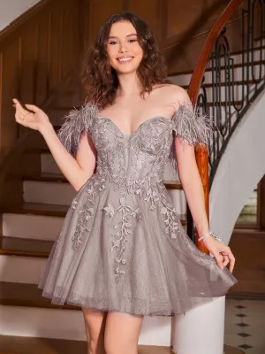 Feather Adorned Off-the-shoulder Cocktail Dress Dusk