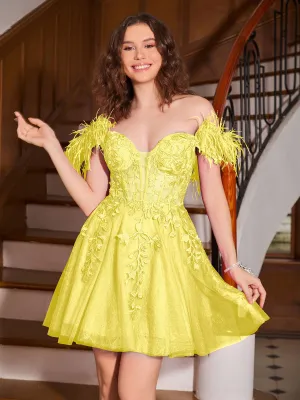Feather Adorned Off-the-shoulder Cocktail Dress Lemon