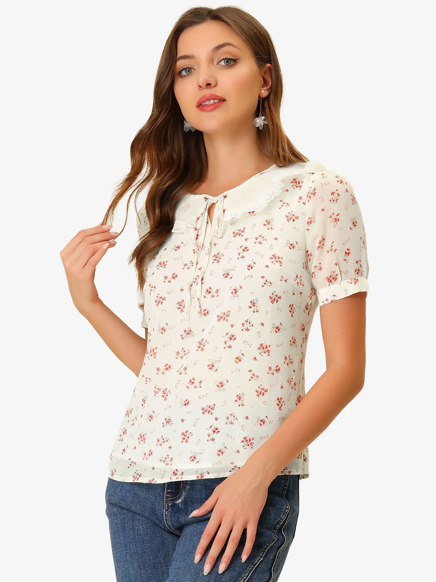 Floral Blouse Peter Pan Collar Tie Neck Chiffon Shirt Top