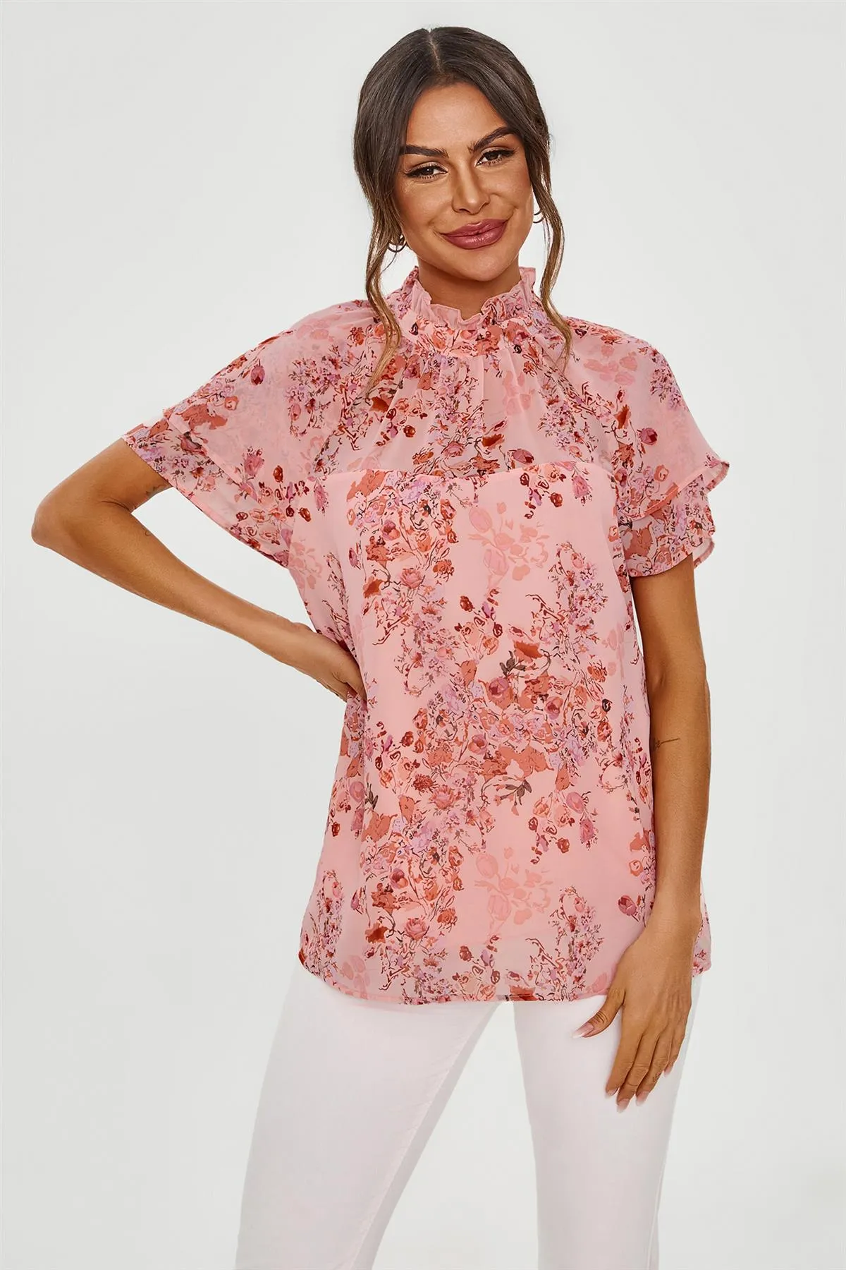 Floral Print Frill Hem Sleeve High Neck Blouse Top In Pink