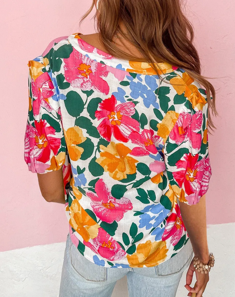 Floral Puff Sleeve Button-Up Top