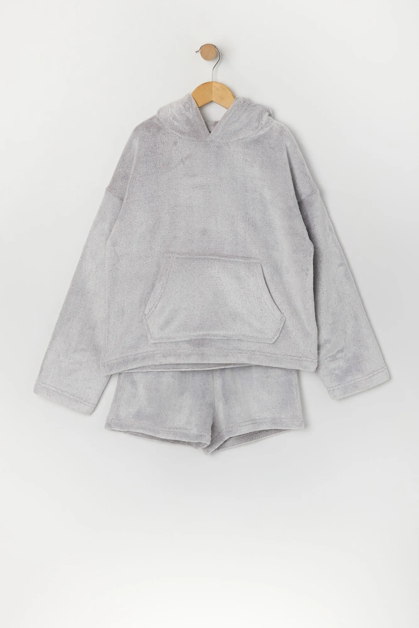 Girls Plush Printed Hoodie and Short 2 Piece Pajama Set