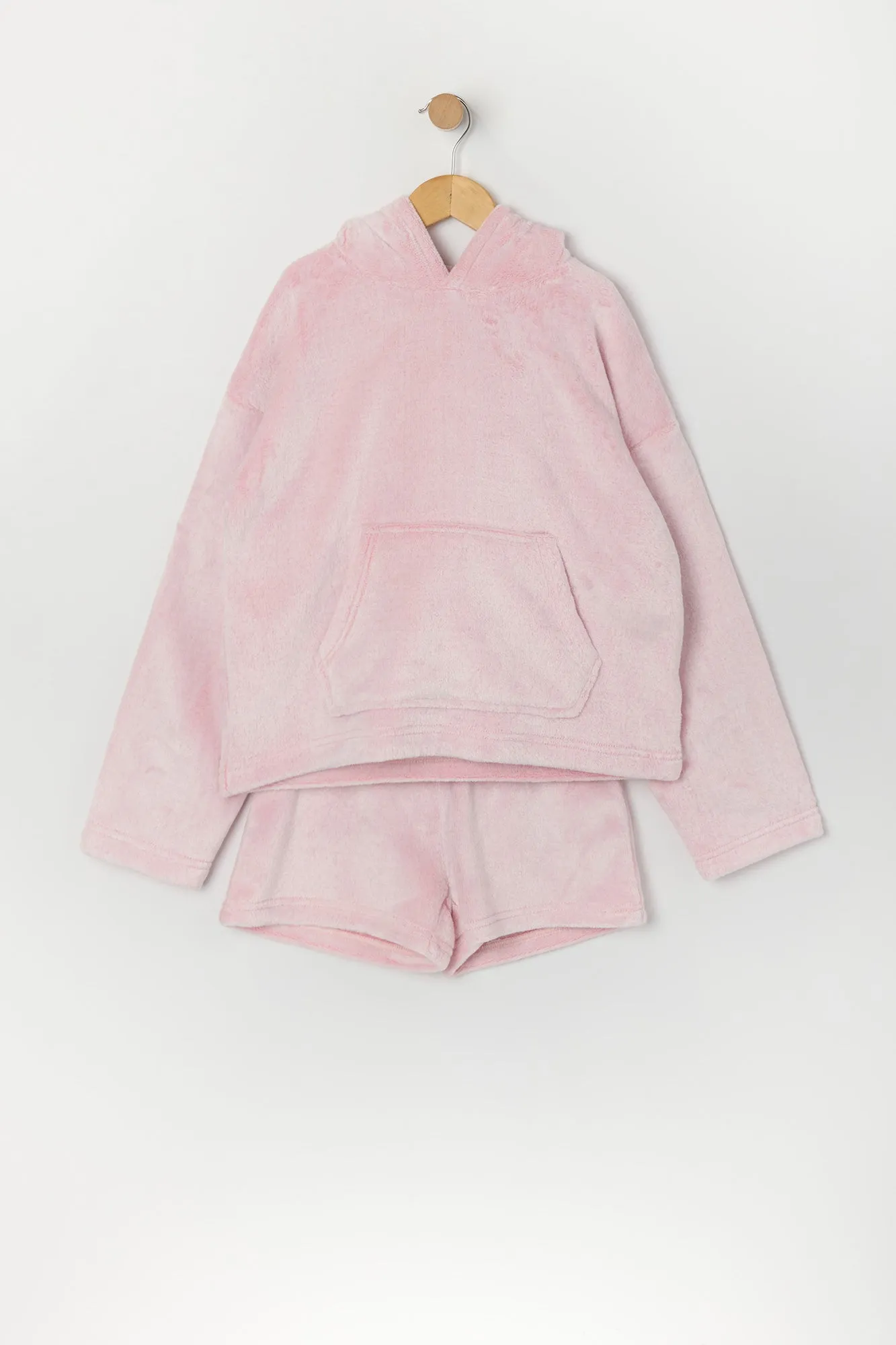 Girls Plush Printed Hoodie and Short 2 Piece Pajama Set