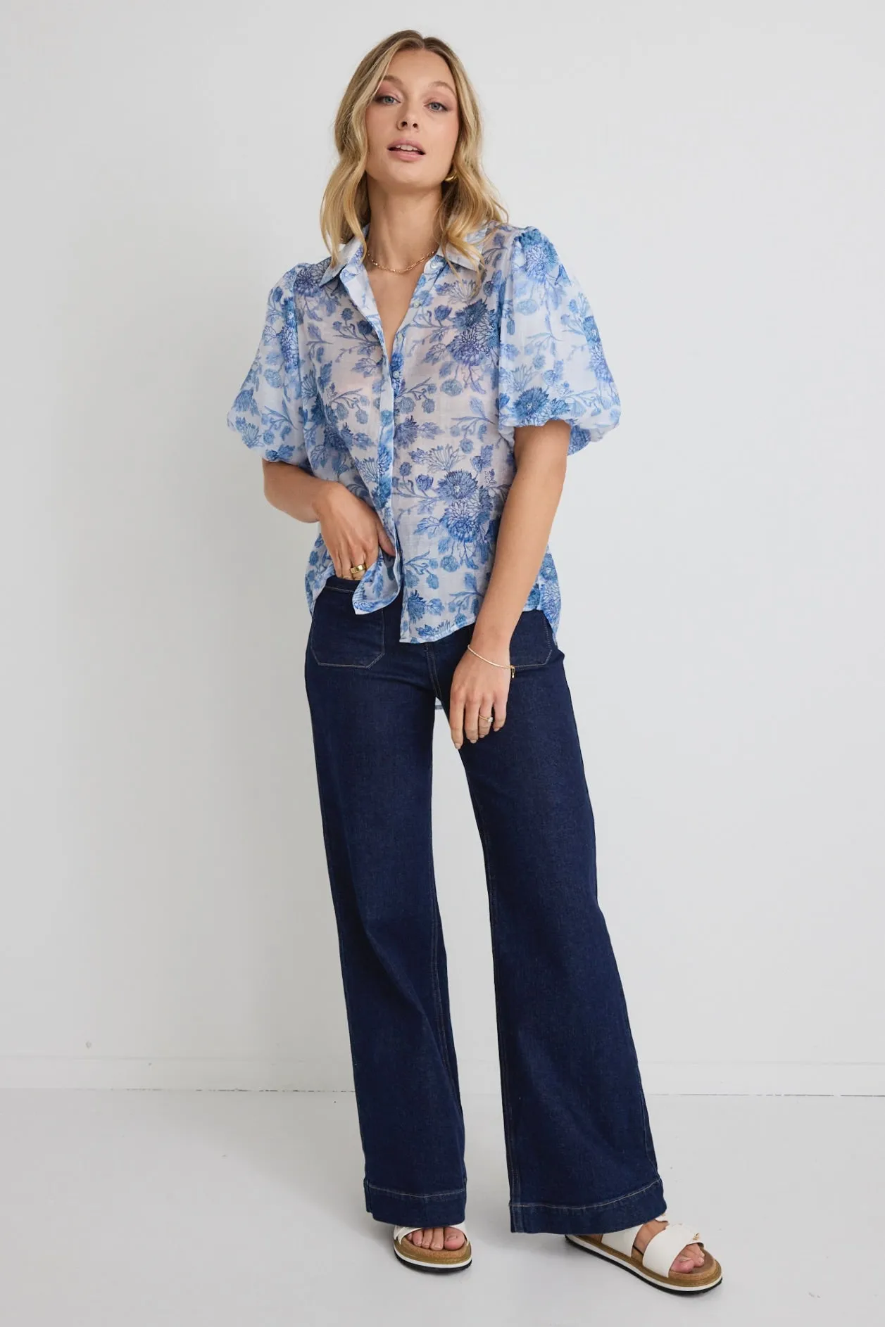 Harmony Blue Floral Bubble Sleeve Shirt
