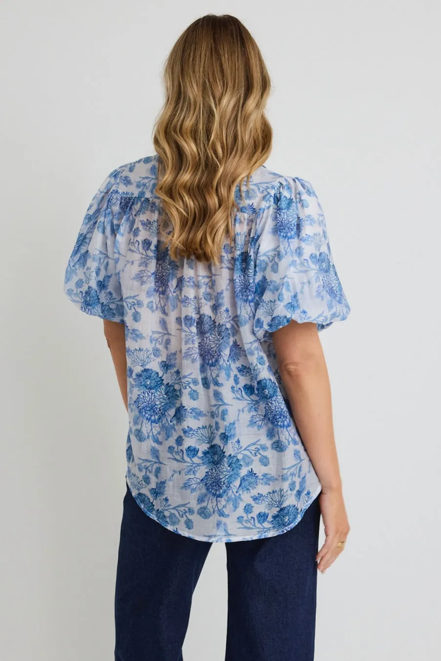 Harmony Blue Floral Bubble Sleeve Shirt