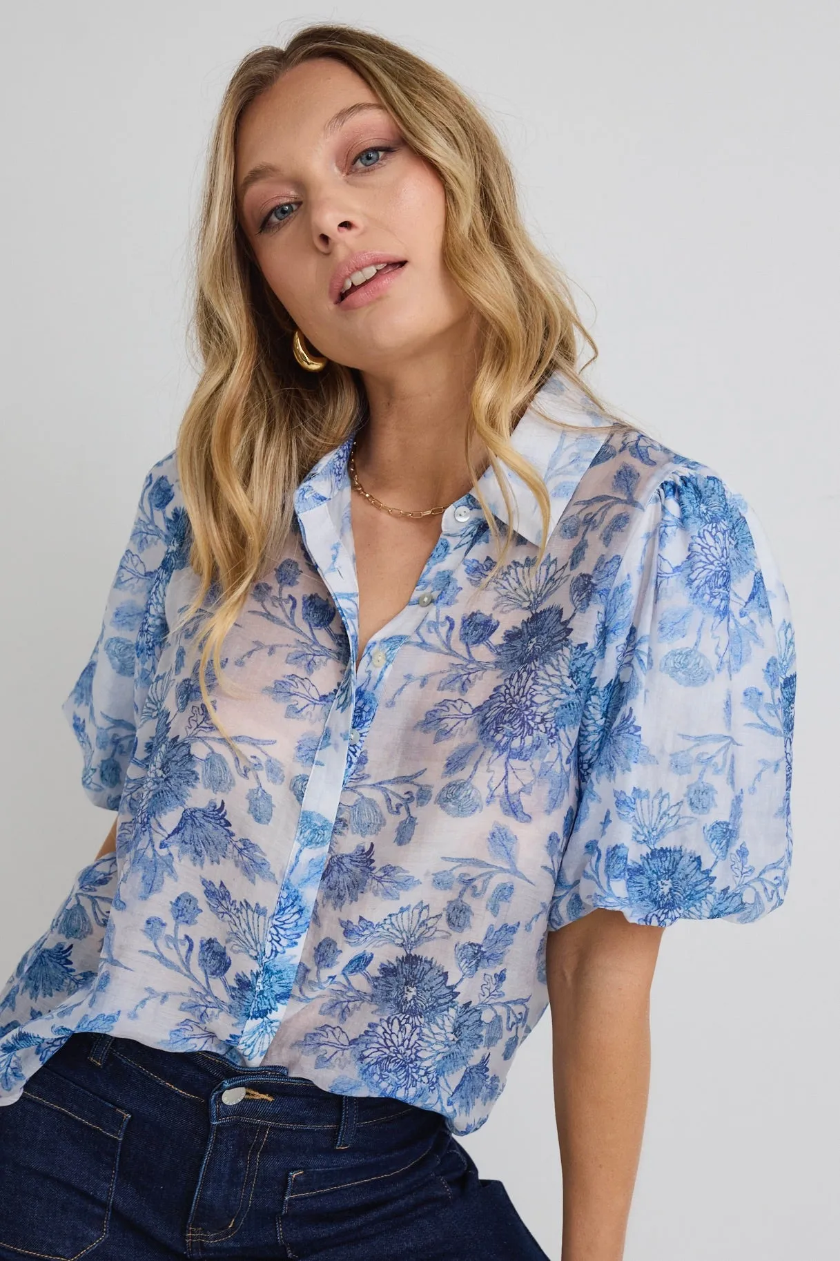 Harmony Blue Floral Bubble Sleeve Shirt