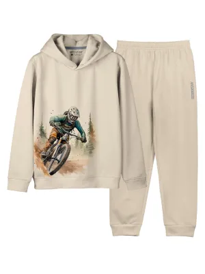 HELLCAT Beige Trendy Printed Cotton Blend Hoodie T-shirt and Jogger Trackpant Clothing Set for Girls