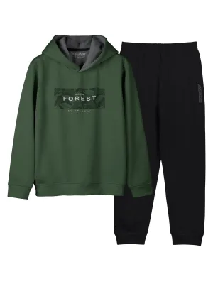 HELLCAT Trendy Printed Cotton Blend Olive Full sleeve Hoodie T-shirt Black Jogger Trackpant Clothing Set for Girls
