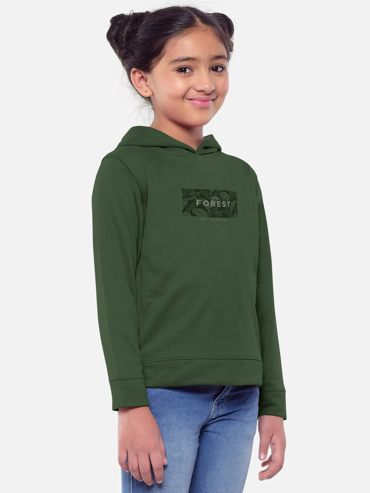 HELLCAT Trendy Printed Cotton Blend Olive Full sleeve Hoodie T-shirt Black Jogger Trackpant Clothing Set for Girls