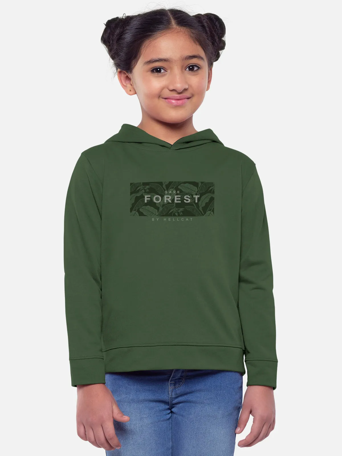 HELLCAT Trendy Printed Cotton Blend Olive Full sleeve Hoodie T-shirt Black Jogger Trackpant Clothing Set for Girls