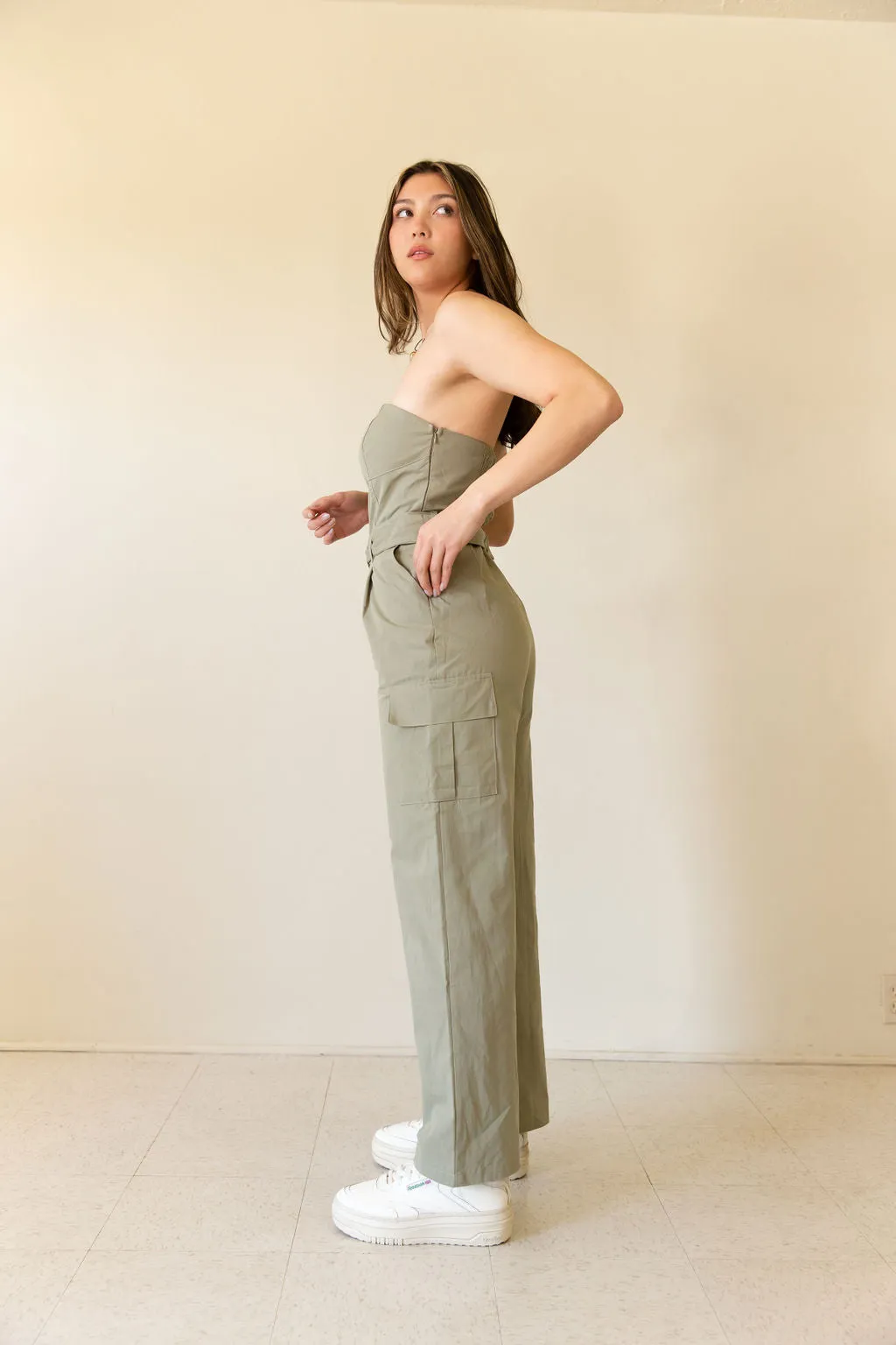 I'm Winning Strapless Cargo Jumpsuit