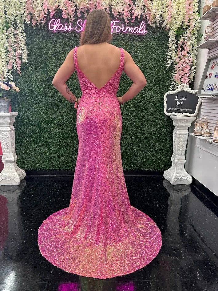 Jovani 36580 Sheer Lace V Neck Prom Dress Sequin Slit Formal Evening Gown