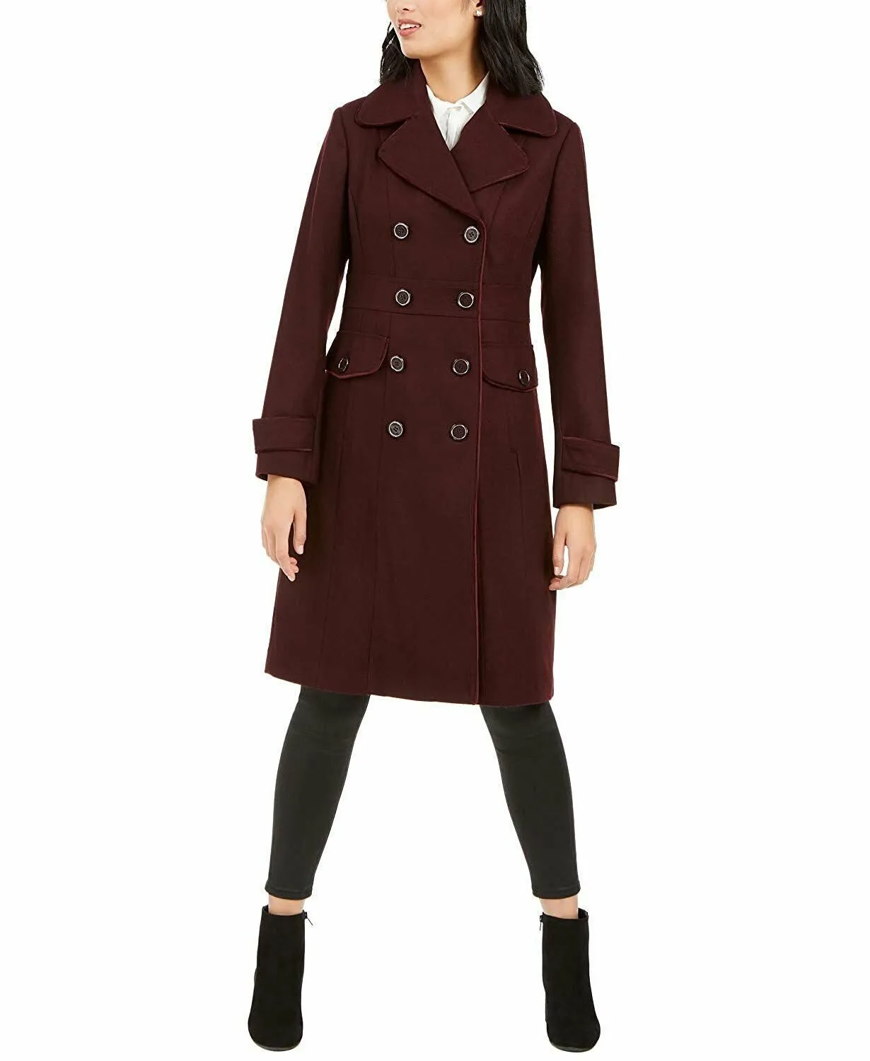 Kenneth Cole New York Womens Double-Breasted Contrast-Piping Peacoat