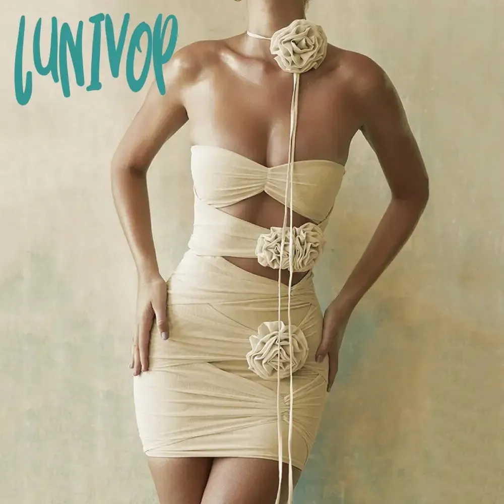 Lunivop Daring Y2K Sexy Short Dresses Strapless Flower Mesh Dress Hollow Out Ruched Dress Chic and Elegant Woman Dress Party Club Vestidos