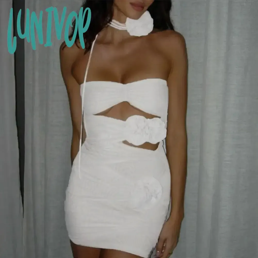 Lunivop Daring Y2K Sexy Short Dresses Strapless Flower Mesh Dress Hollow Out Ruched Dress Chic and Elegant Woman Dress Party Club Vestidos