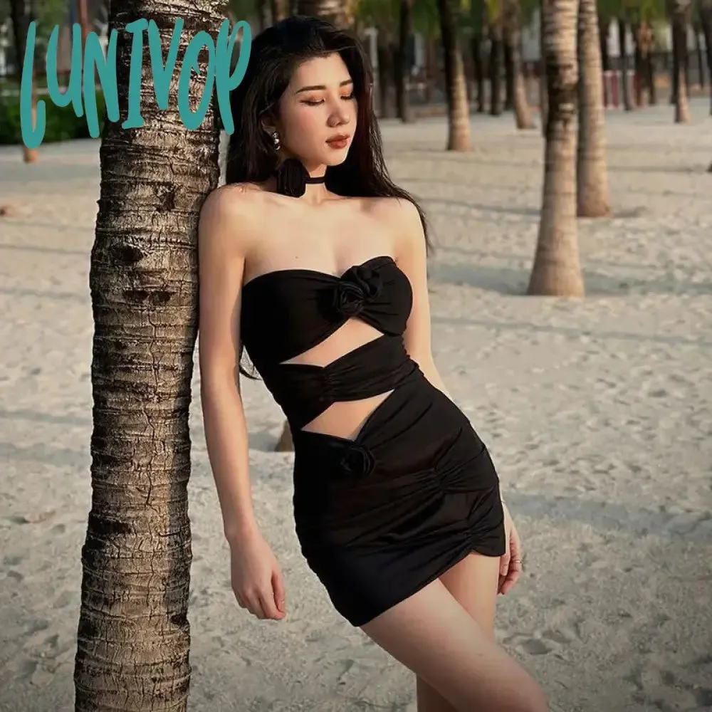 Lunivop Daring Y2K Sexy Short Dresses Strapless Flower Mesh Dress Hollow Out Ruched Dress Chic and Elegant Woman Dress Party Club Vestidos