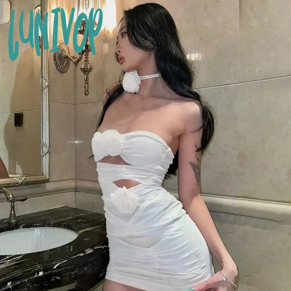 Lunivop Daring Y2K Sexy Short Dresses Strapless Flower Mesh Dress Hollow Out Ruched Dress Chic and Elegant Woman Dress Party Club Vestidos