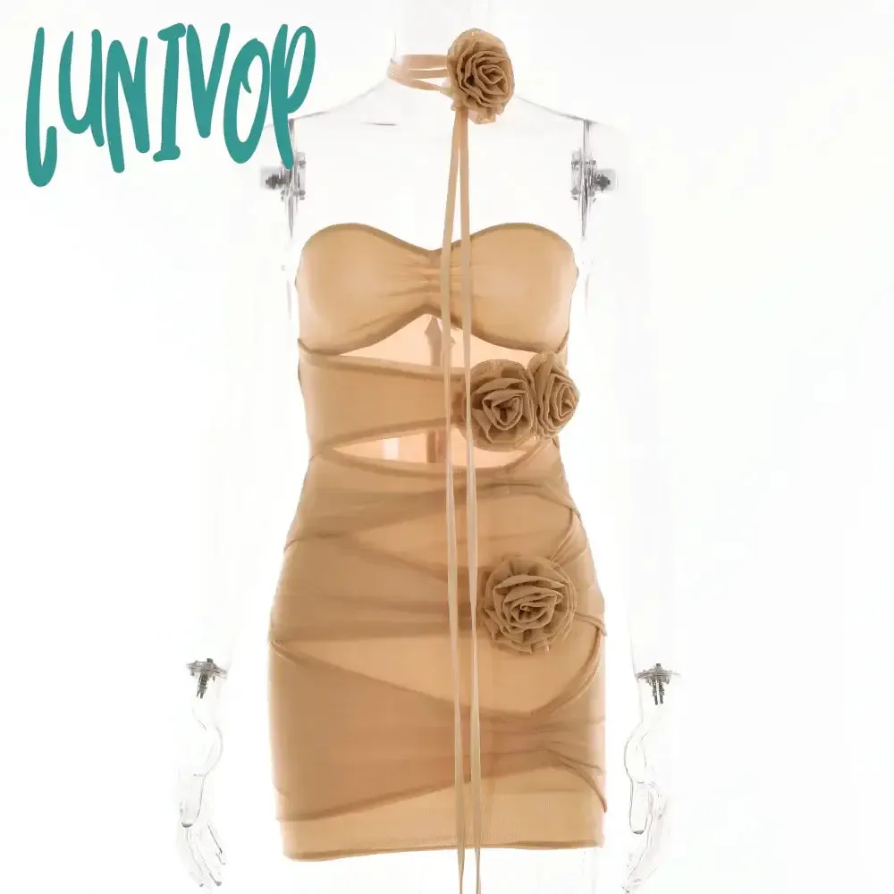 Lunivop Daring Y2K Sexy Short Dresses Strapless Flower Mesh Dress Hollow Out Ruched Dress Chic and Elegant Woman Dress Party Club Vestidos