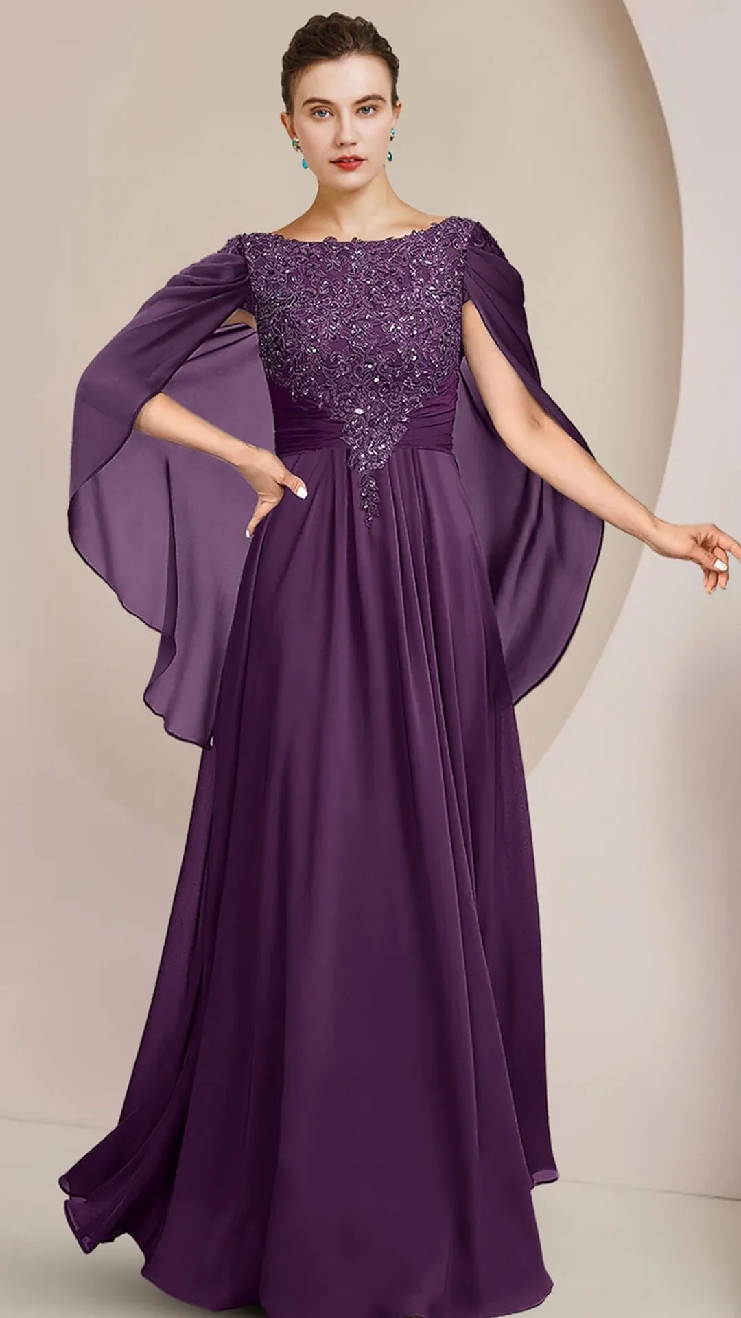 M1075 - A-Line Mother of the Bride Dress Floor Length Chiffon Lace Sleeveless with Beading Sequin Appliques