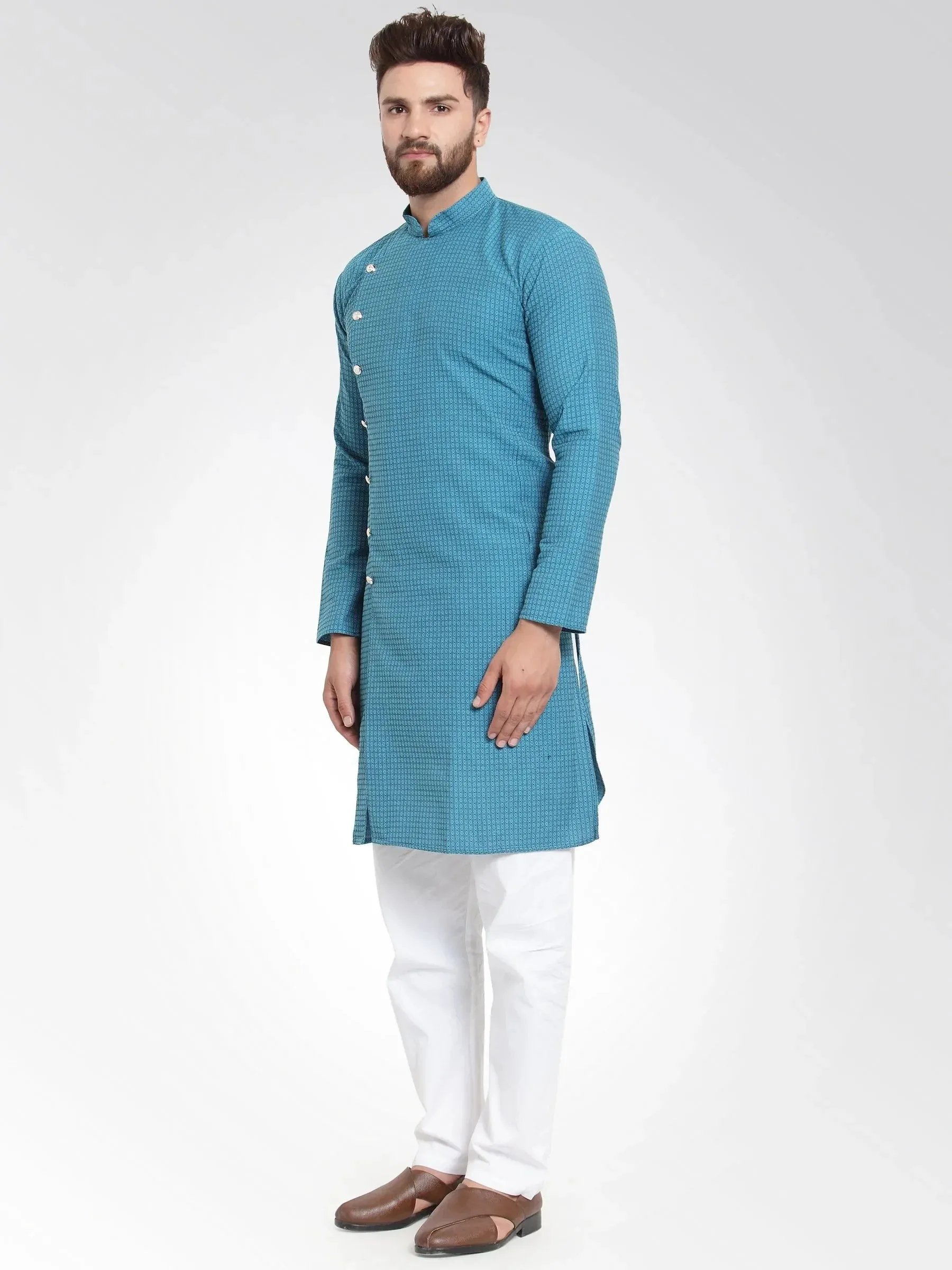 Men Green Self Design Kurta With Pajama