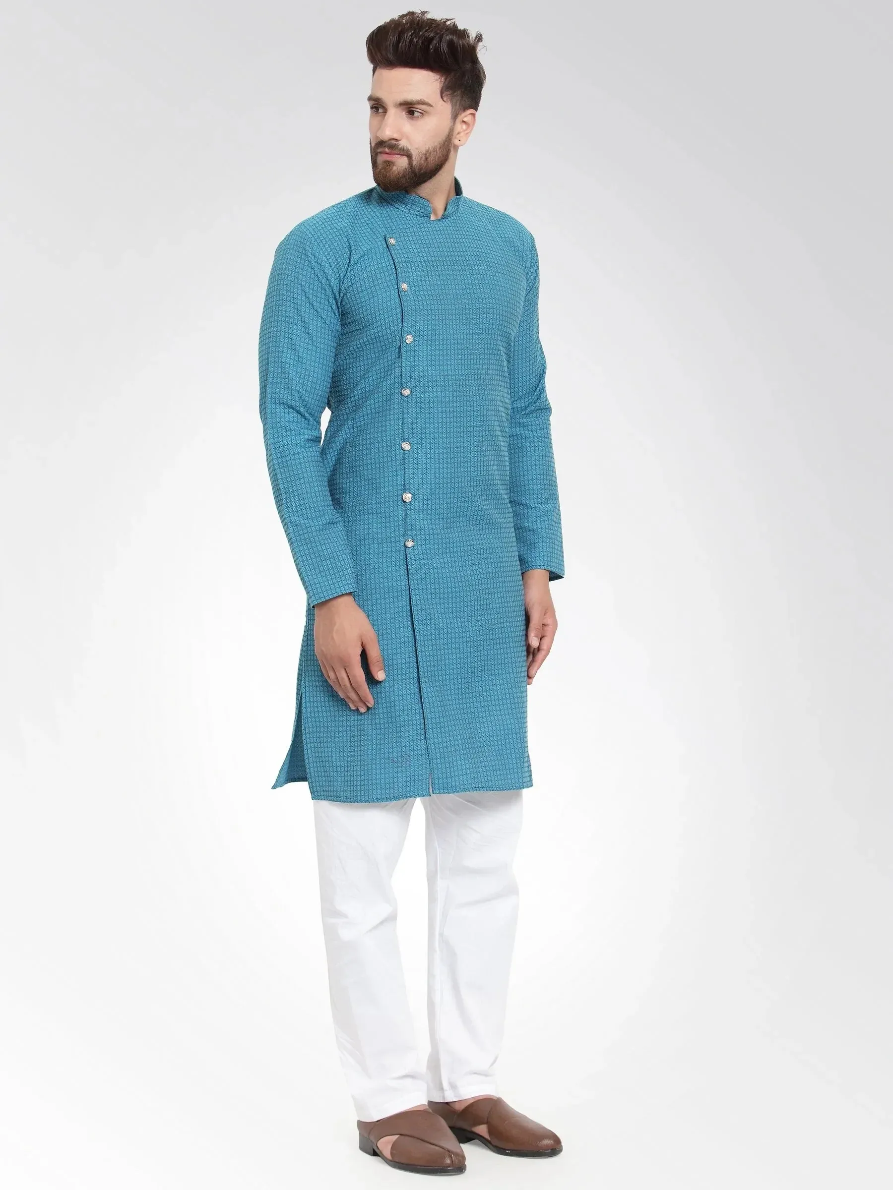 Men Green Self Design Kurta With Pajama