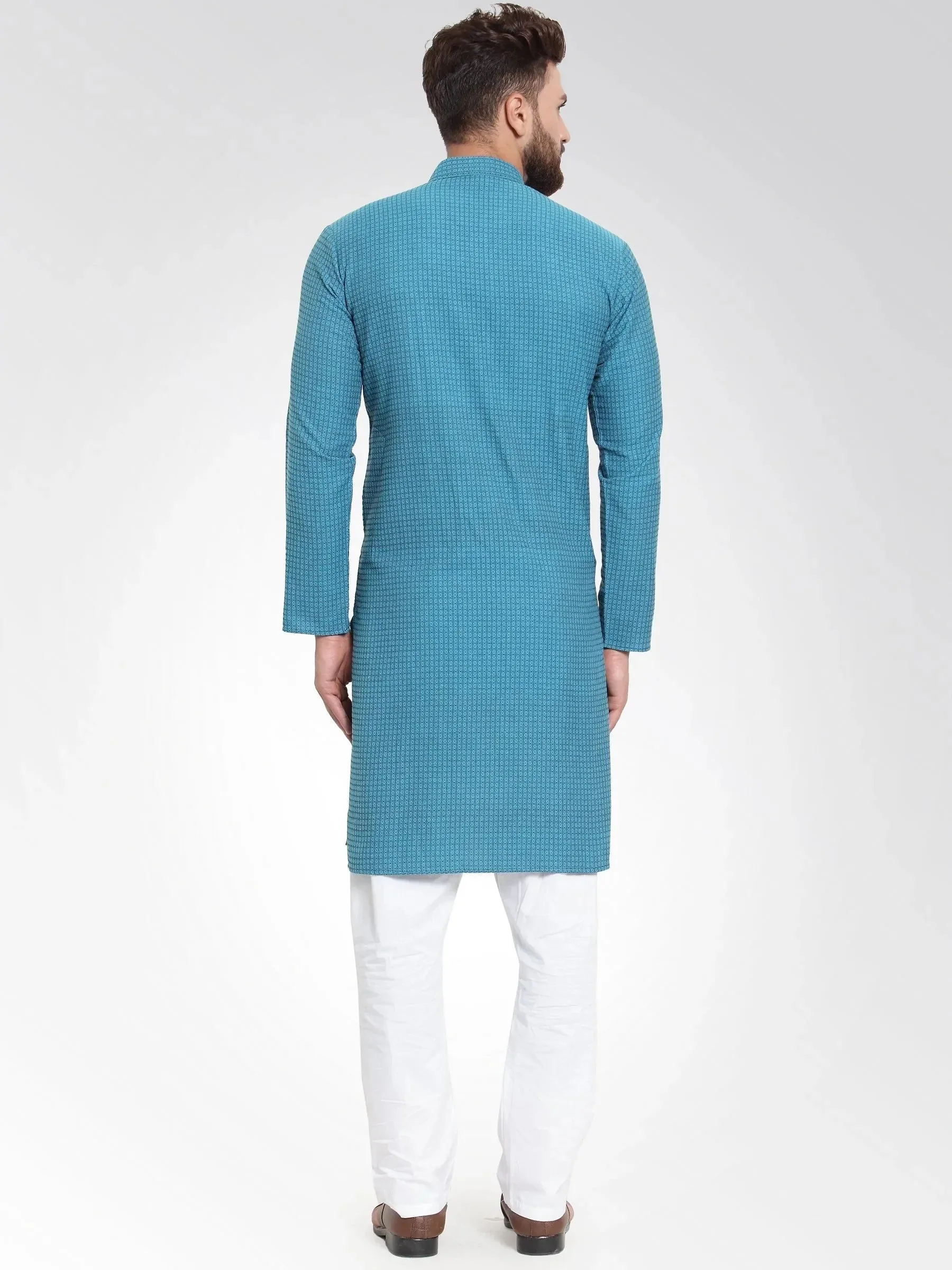 Men Green Self Design Kurta With Pajama