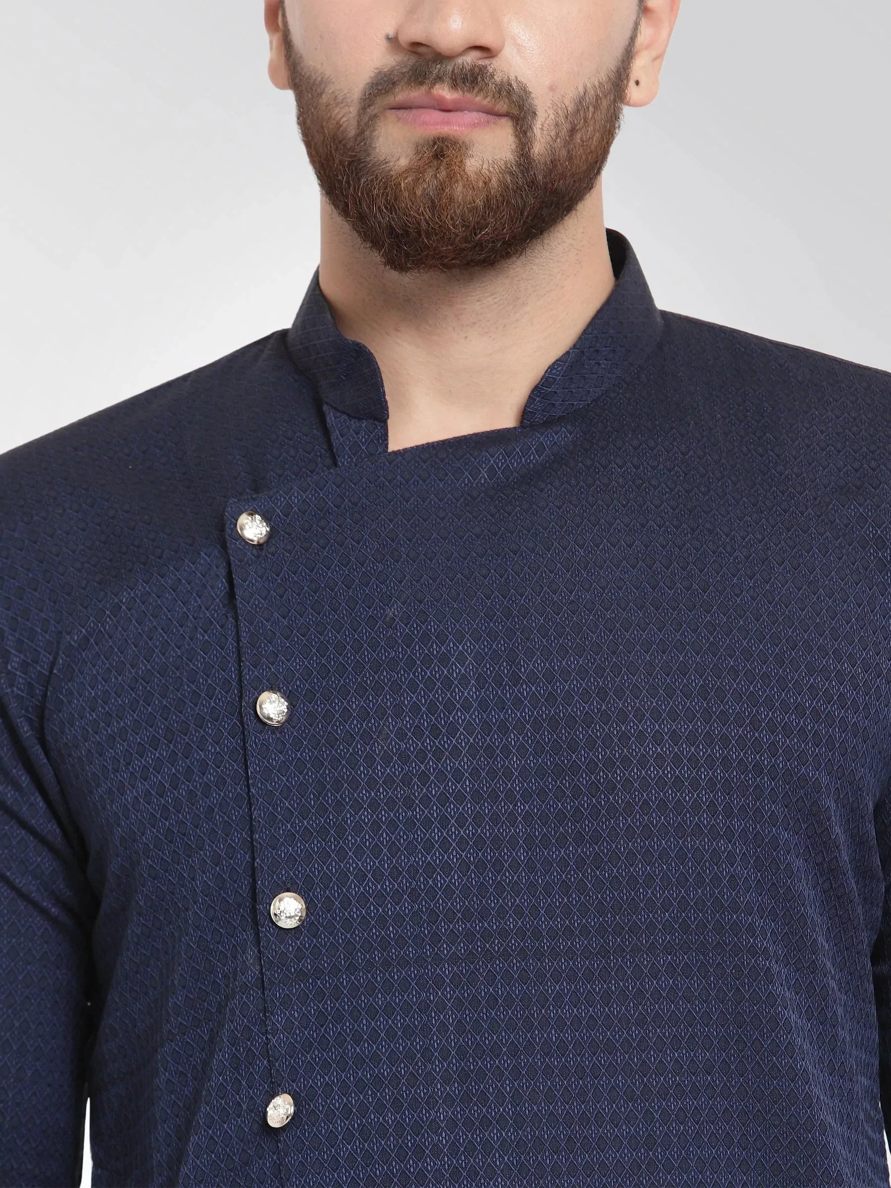 Men Navy Self Design Kurta With Pajama