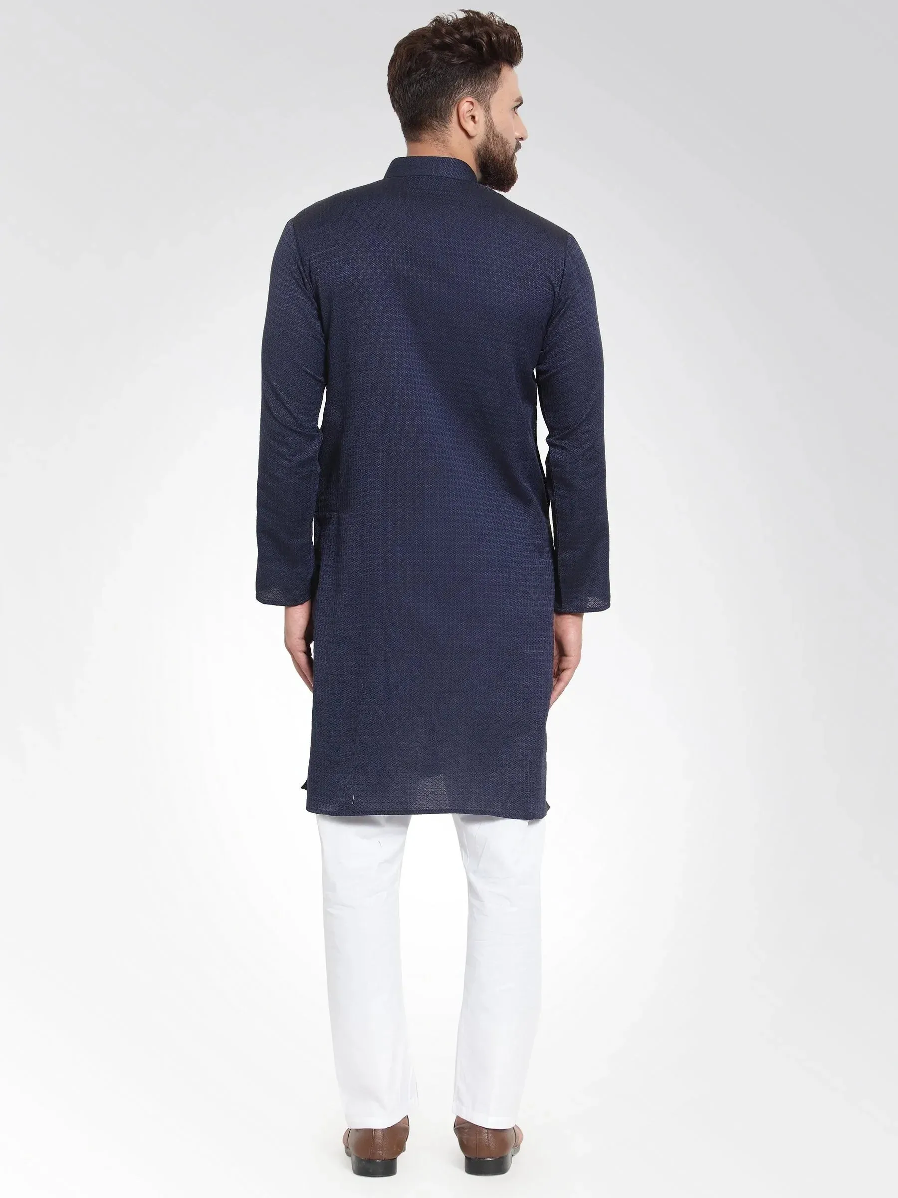 Men Navy Self Design Kurta With Pajama