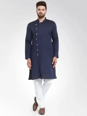 Men Navy Self Design Kurta With Pajama
