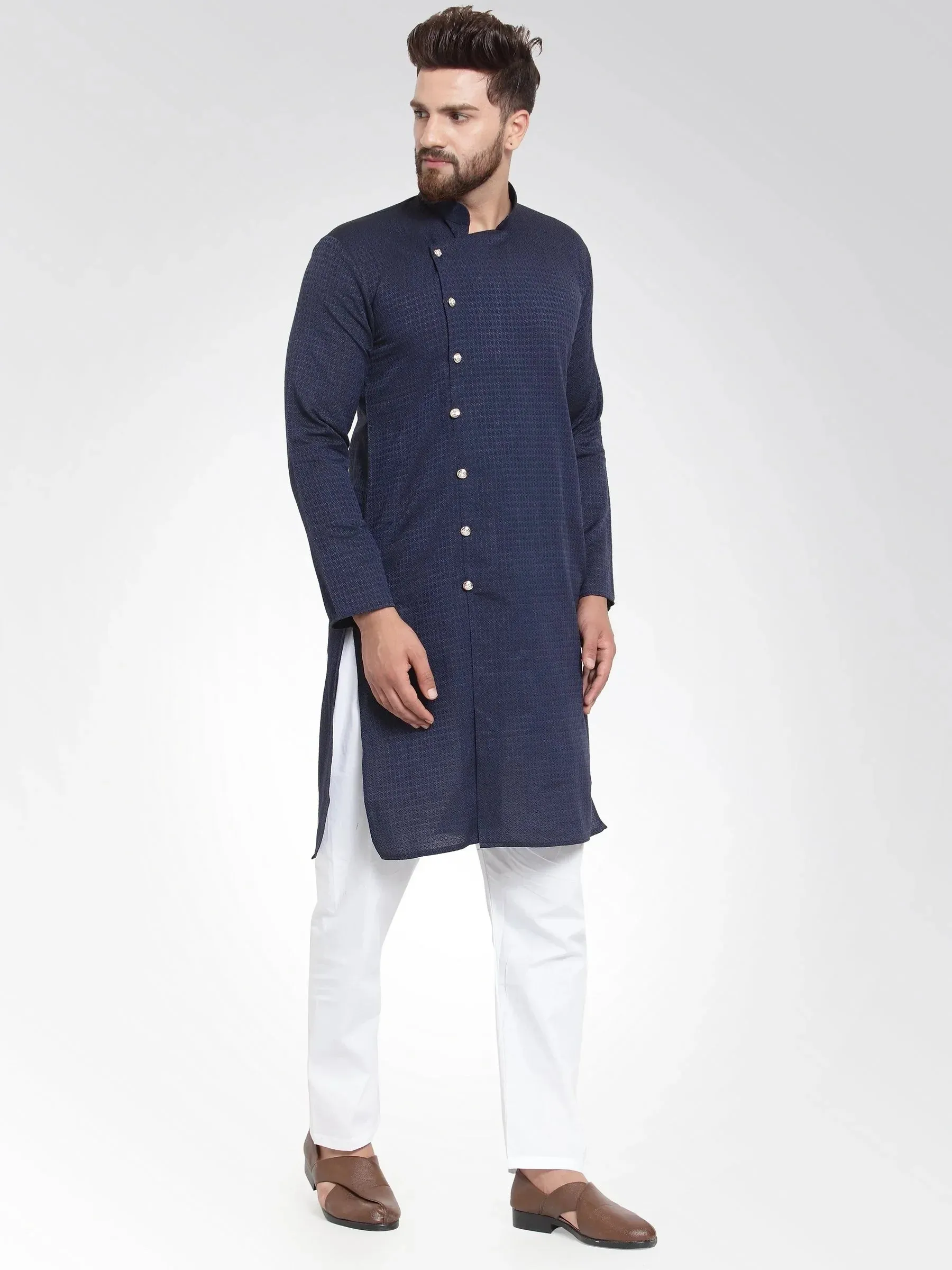 Men Navy Self Design Kurta With Pajama