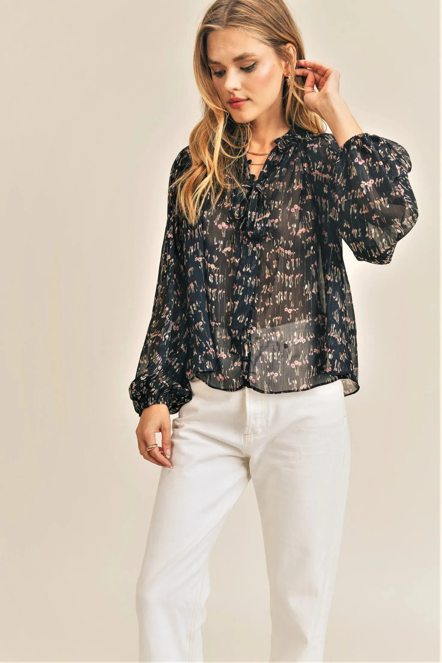 Navy Floral Long Sleeve Blouse