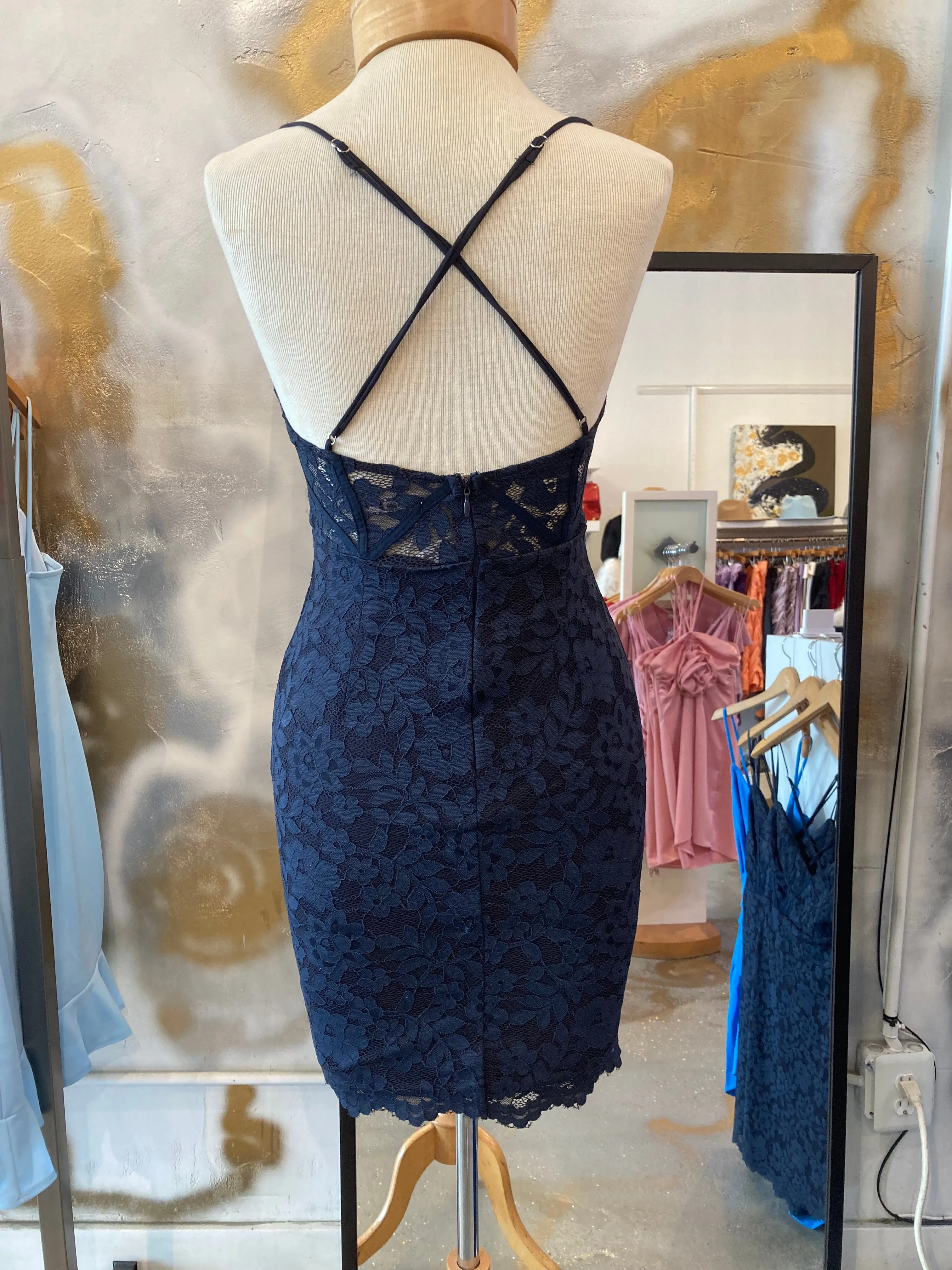 Navy lace mini dress with cross back
