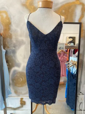 Navy lace mini dress with cross back