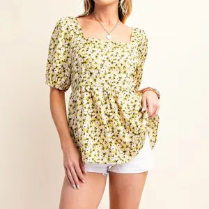 Posy Print Puff Sleeve Blouse in Mustard