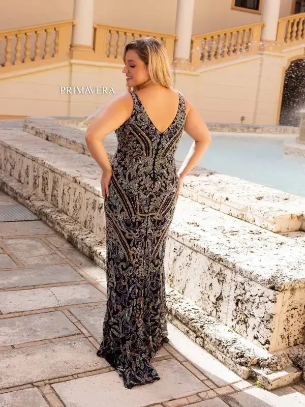 Primavera Couture 14053 Long Prom Dress Plus Size V Neck Sequin Fitted Formal Gown