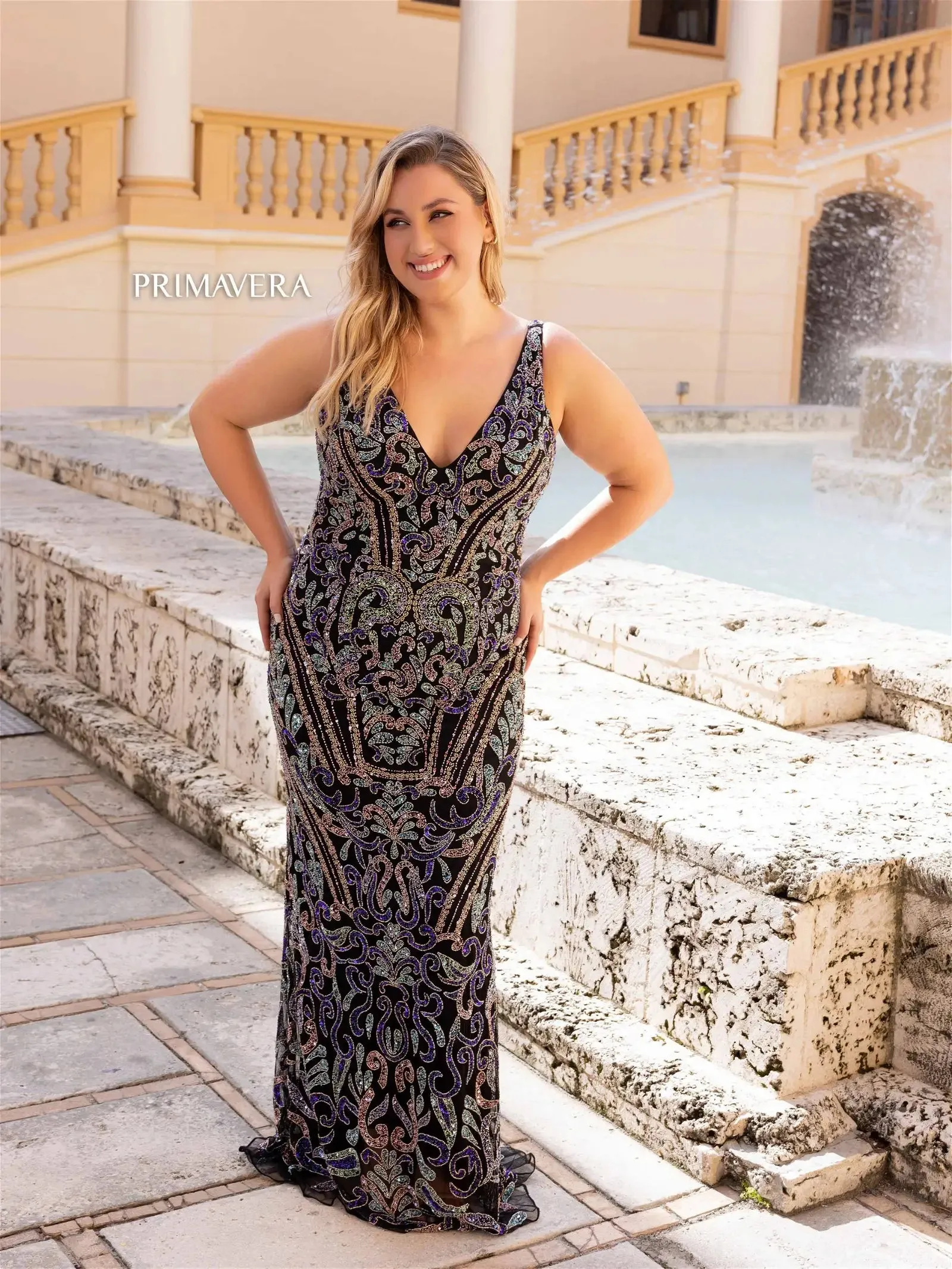 Primavera Couture 14053 Long Prom Dress Plus Size V Neck Sequin Fitted Formal Gown