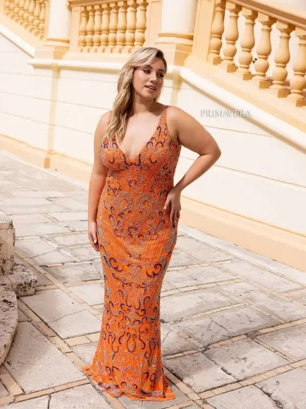 Primavera Couture 14053 Long Prom Dress Plus Size V Neck Sequin Fitted Formal Gown