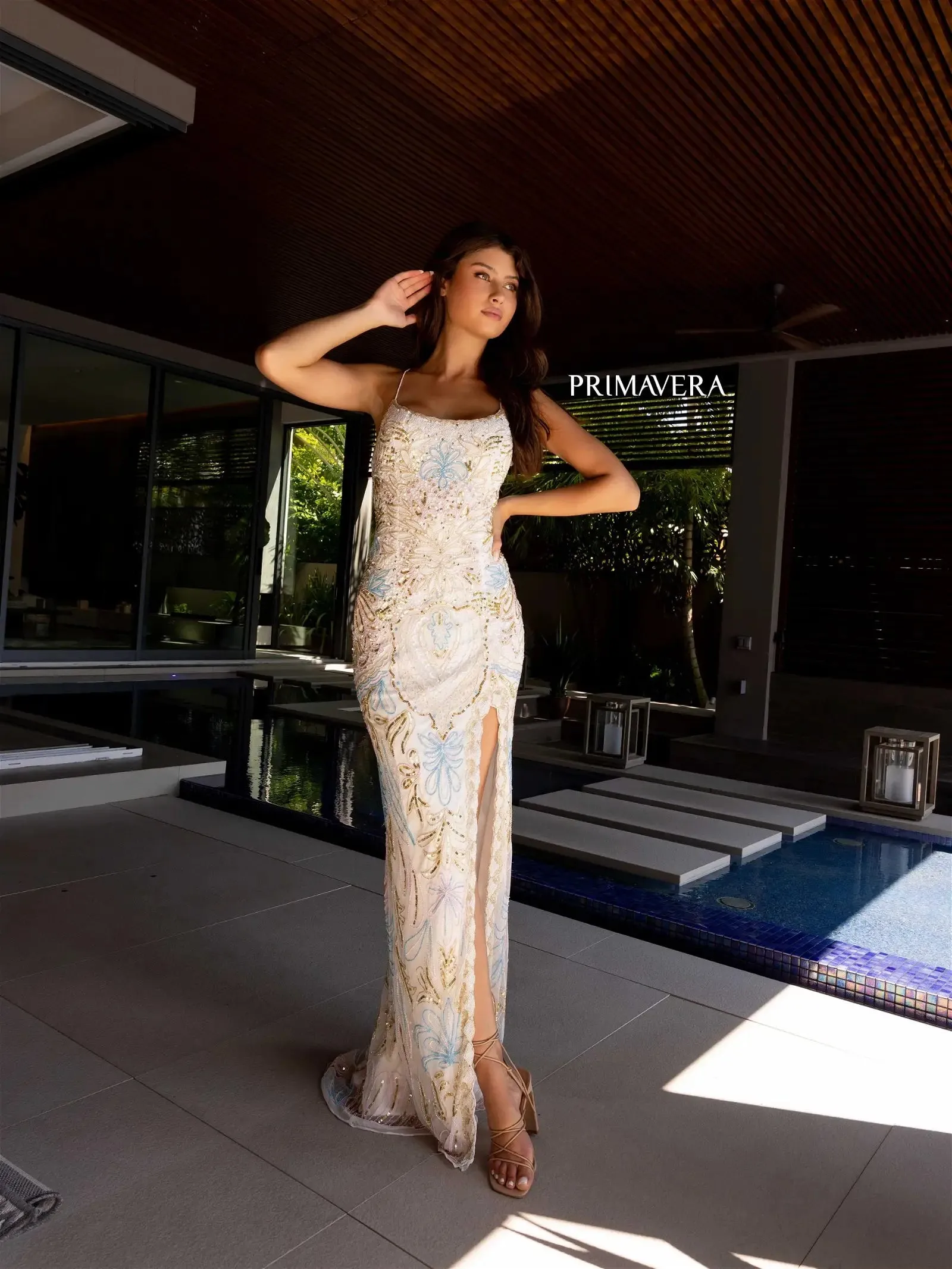 Primavera Couture 4156 Size 4 Mint Long Prom Dress Scoop Neck Fitted Sequin Lace Up Back High Slit Formal Pageant Gown