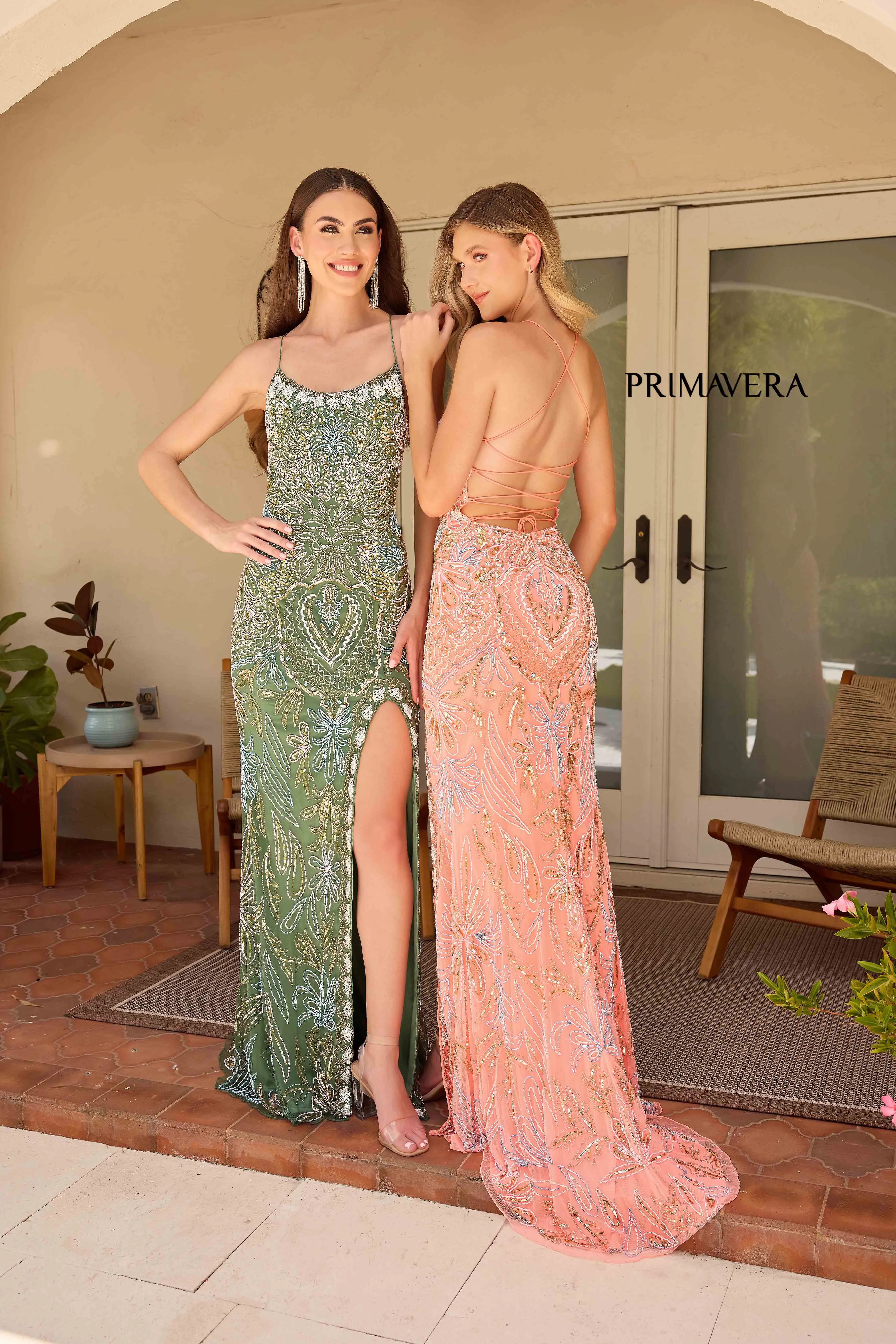 Primavera Couture 4156 Size 4 Mint Long Prom Dress Scoop Neck Fitted Sequin Lace Up Back High Slit Formal Pageant Gown