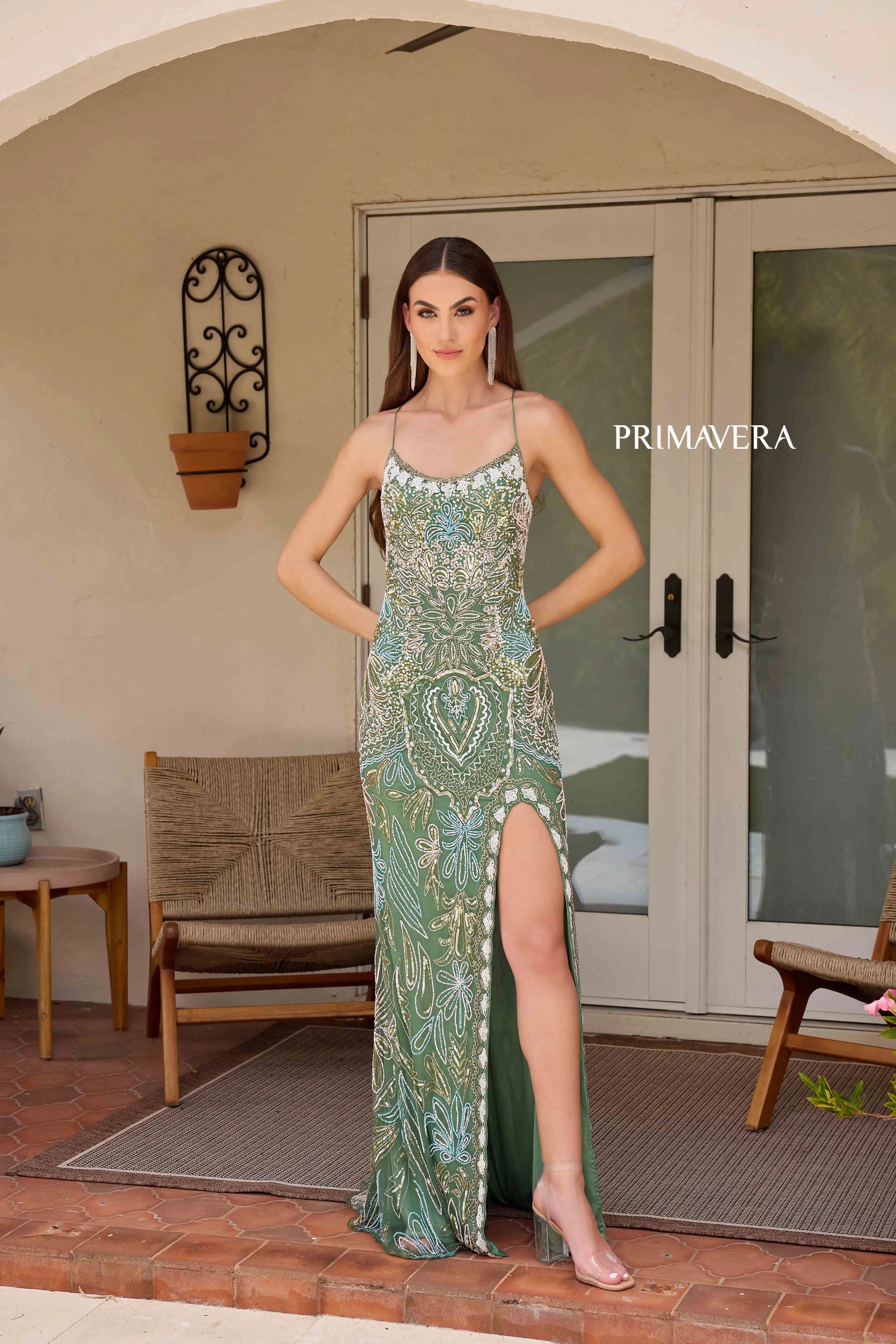 Primavera Couture 4156 Size 4 Mint Long Prom Dress Scoop Neck Fitted Sequin Lace Up Back High Slit Formal Pageant Gown