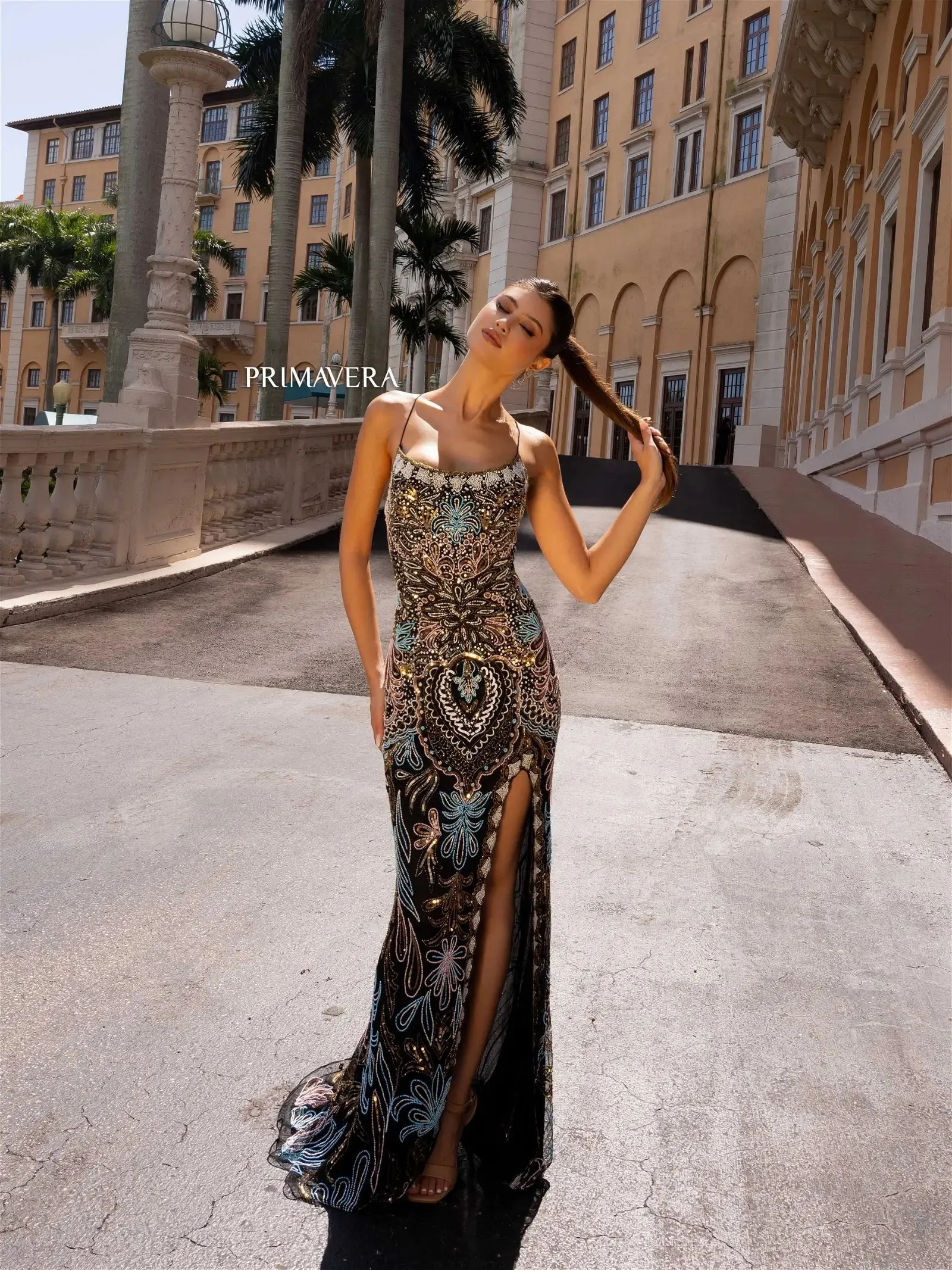Primavera Couture 4156 Size 4 Mint Long Prom Dress Scoop Neck Fitted Sequin Lace Up Back High Slit Formal Pageant Gown