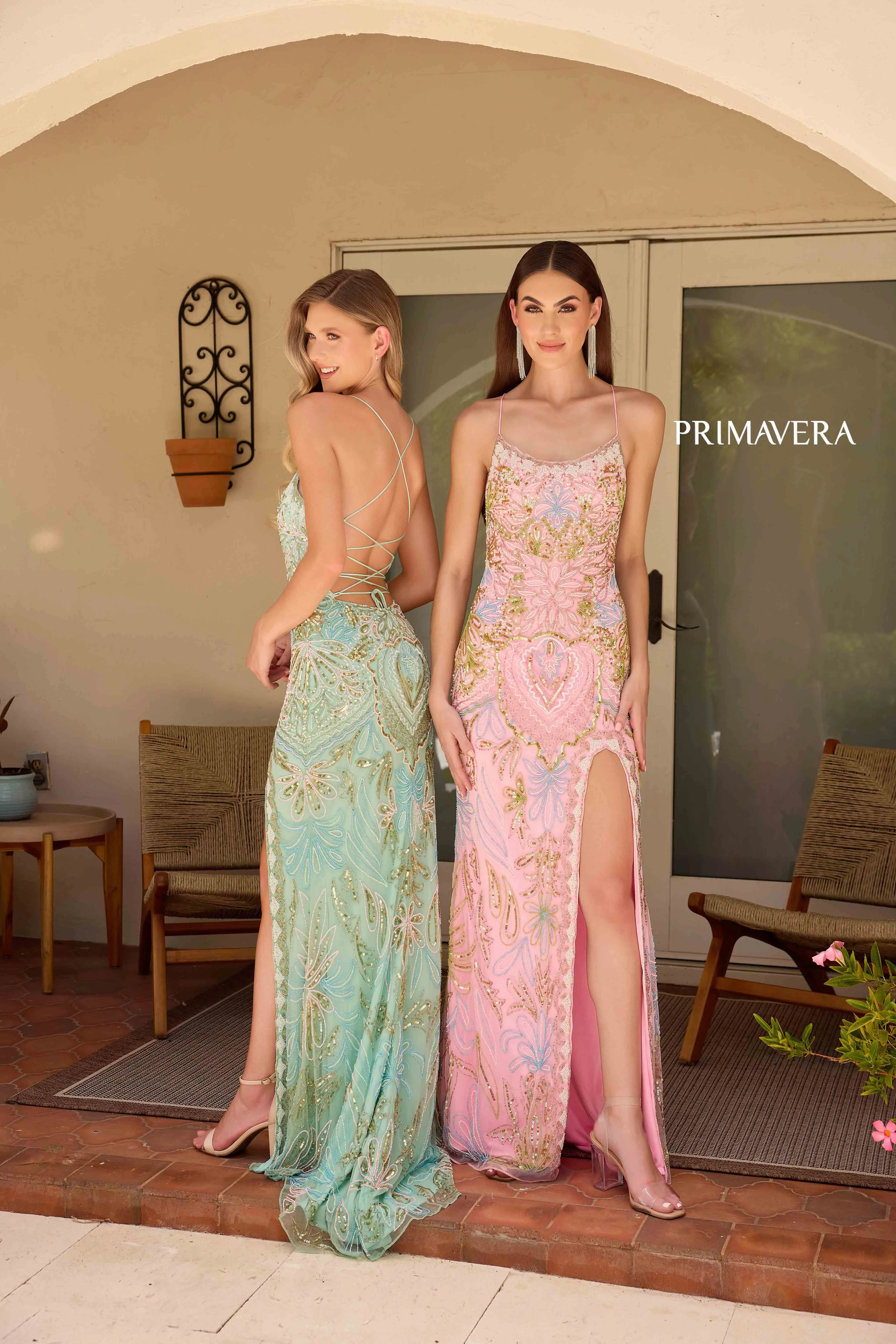 Primavera Couture 4156 Size 4 Mint Long Prom Dress Scoop Neck Fitted Sequin Lace Up Back High Slit Formal Pageant Gown