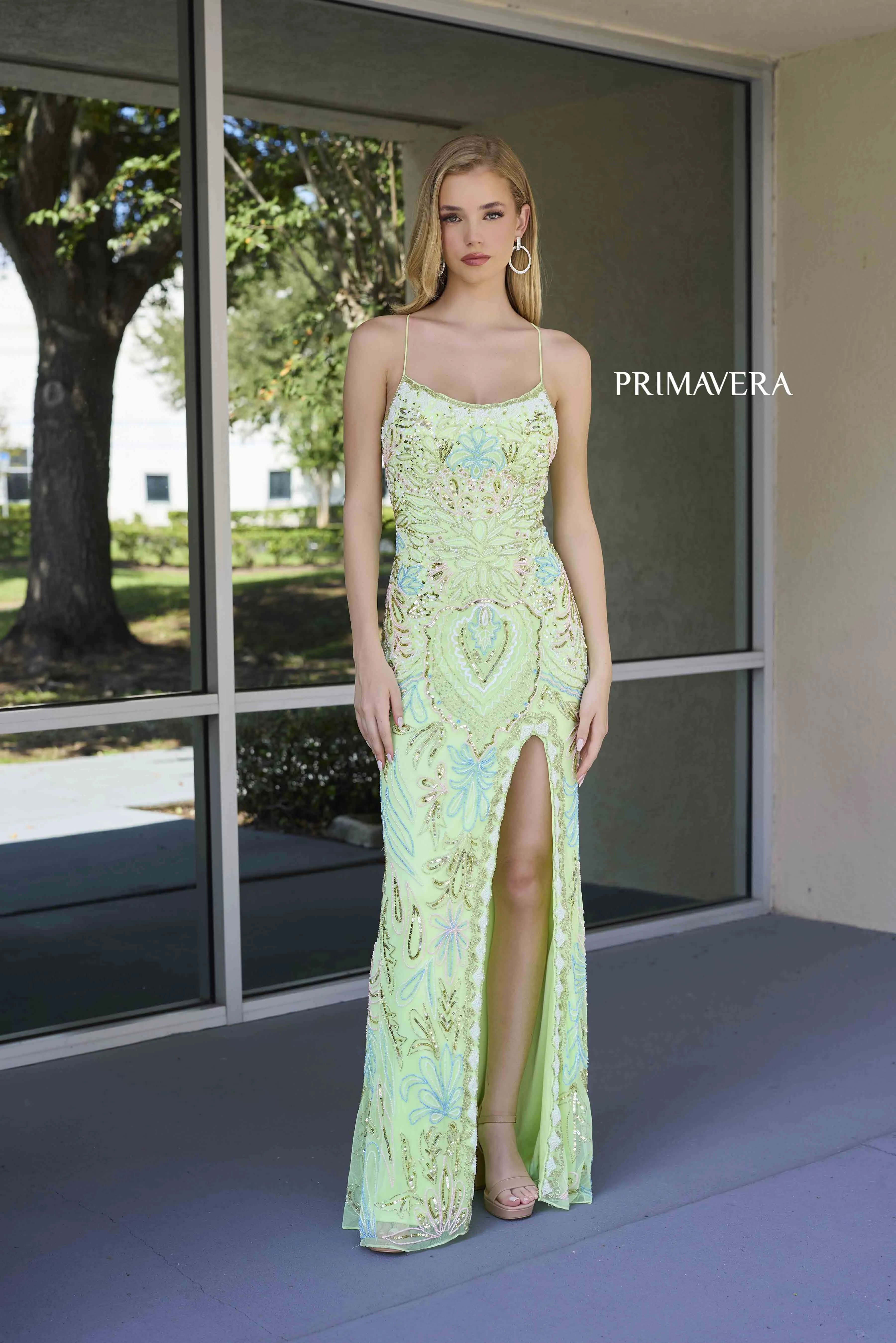 Primavera Couture 4156 Size 4 Mint Long Prom Dress Scoop Neck Fitted Sequin Lace Up Back High Slit Formal Pageant Gown