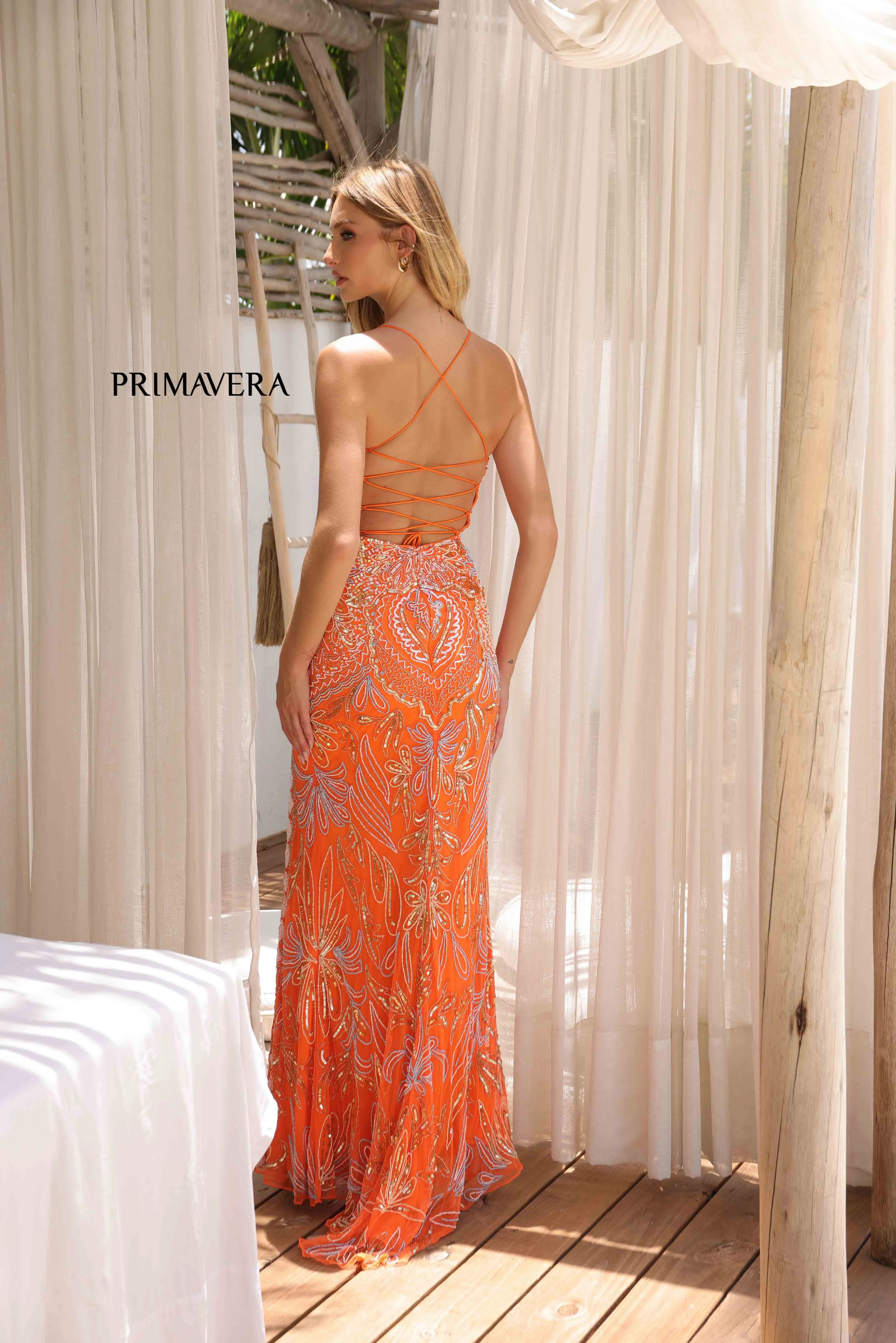 Primavera Couture 4156 Size 4 Mint Long Prom Dress Scoop Neck Fitted Sequin Lace Up Back High Slit Formal Pageant Gown