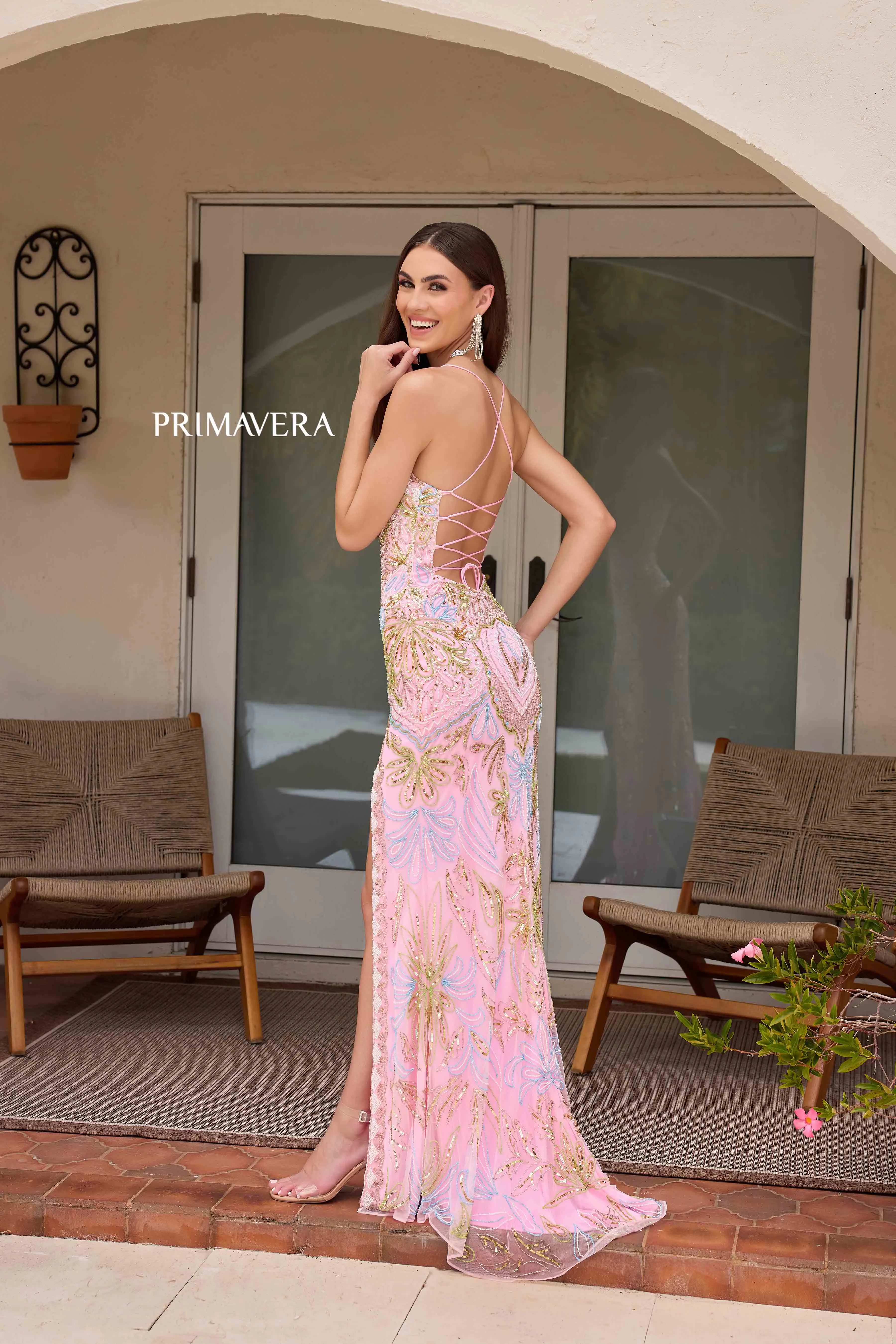 Primavera Couture 4156 Size 4 Mint Long Prom Dress Scoop Neck Fitted Sequin Lace Up Back High Slit Formal Pageant Gown